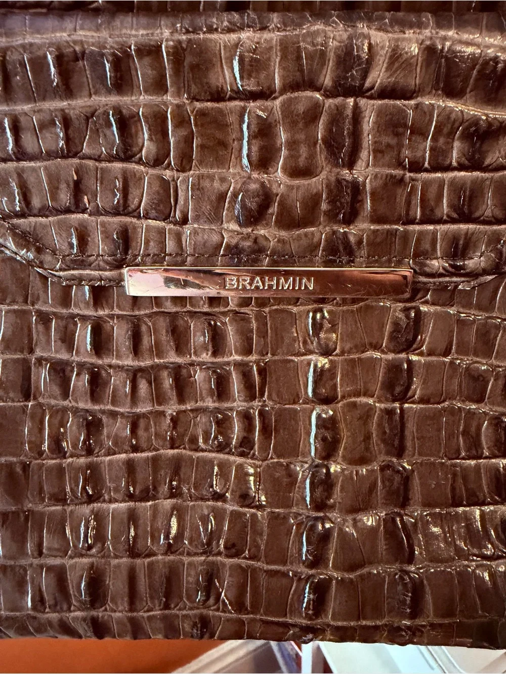BRAHMIN Brown Croc-Embossed Leather Crossbody with Tassel Charm
